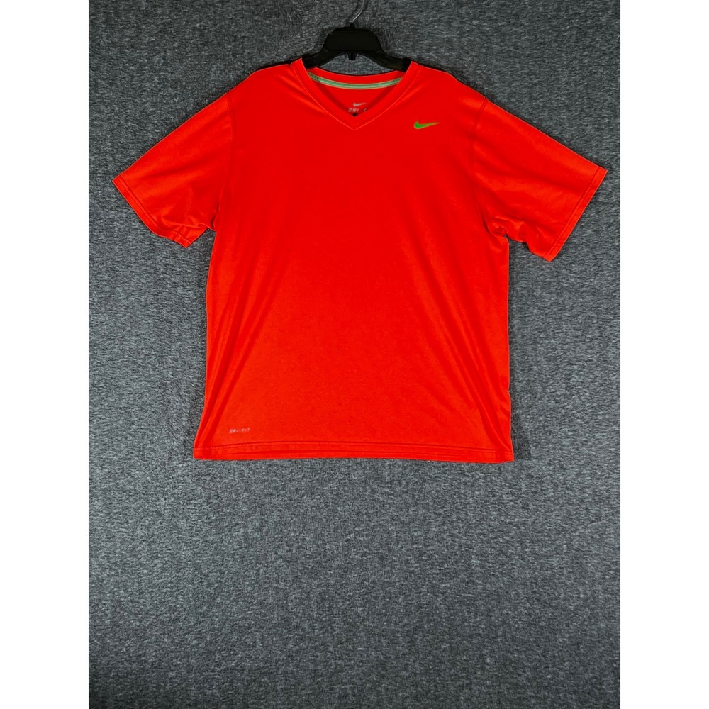 Nike Dri-FIT Mens XL V-Neck Short Sleeve Performance‎ T-Shirt Orange Green Logo